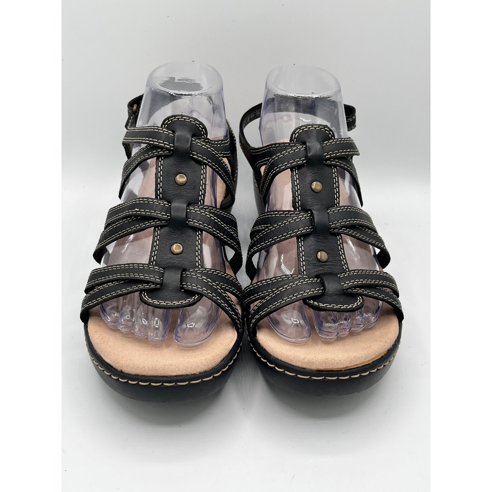 Clarks Delana Curve Black Leather Strappy Wedge Sandals Women Size 10M